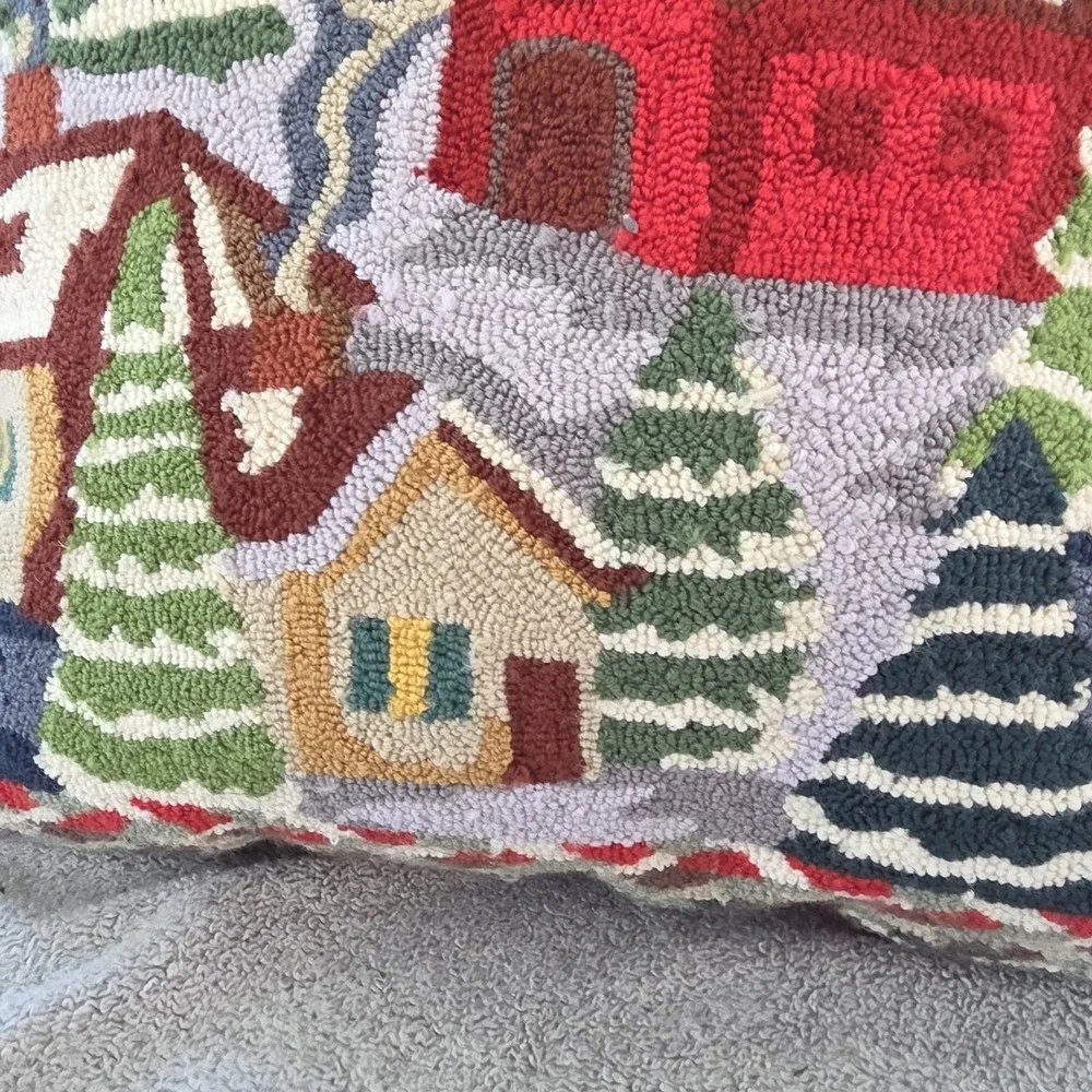 Vintage Hooked Wool Christmas Winter Scene Pillow 18x15